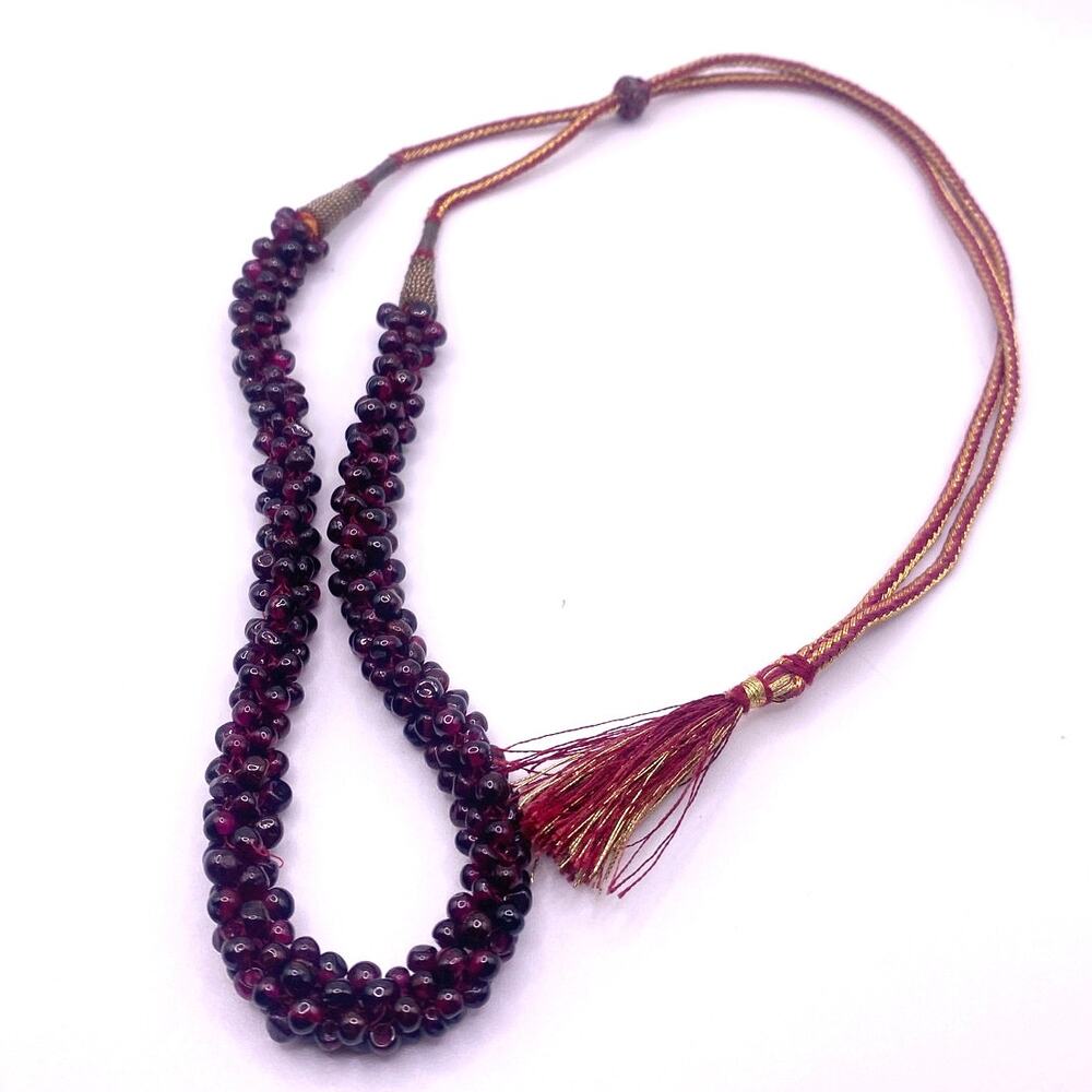 VTG Red Carved Garnet Gems Beads Woven Rope Cord 27" Bead Necklace Adjustable